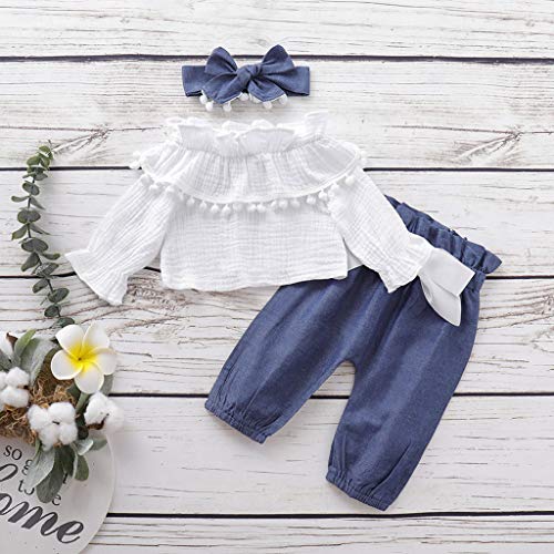 Conjunto De Bebé ReciéN Nacido Camiseta De Manga Larga con Borla Y Volantes En Color Liso+Pantalones con Lazo+Banda para El Cabello AlgodóN Y Lino Ropa Vestido Bautismal(Blanco,3-6 meses/80)