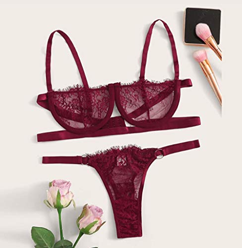 Conjunto de Ropa Interior Femenina sexyLencería Sexy Lencería Femenina Corsé Encaje con Aros Racy Ropa de Dormir Ropa Interior Tops + Calzoncillos-Rouge_L