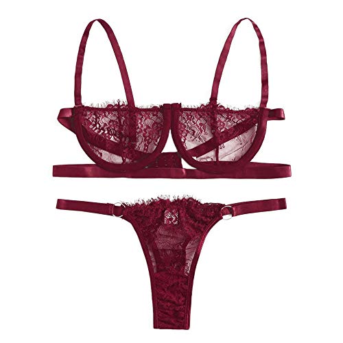 Conjunto de Ropa Interior Femenina sexyLencería Sexy Lencería Femenina Corsé Encaje con Aros Racy Ropa de Dormir Ropa Interior Tops + Calzoncillos-Rouge_L