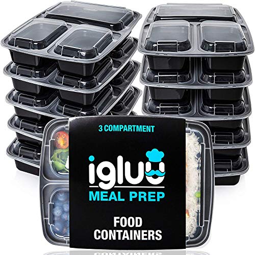 Contenedores De Comida Con 3 Compartimientos (Set de 10) - Plásticos, Reutilizables, Sin BPA, Cierre Hermético - Para Lavavajillas, Congelar, Microondas - Recipientes De Alimentos Bento Apilables