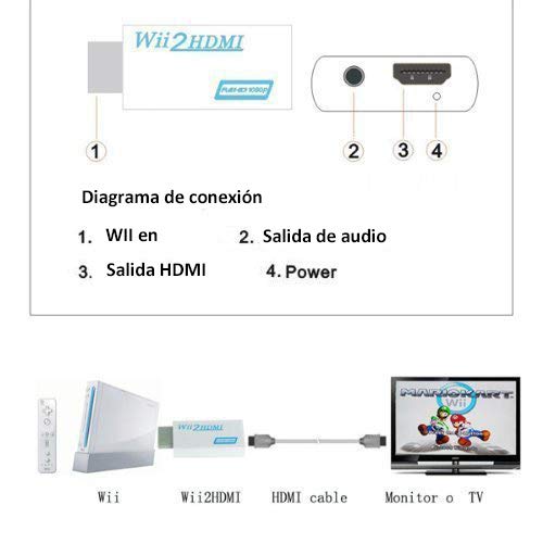 COOLEAD Convertidor Wii a HDMI Adaptador Wii2HDMI Converter Wii to HDMI Conector con Salida de Video Full HD 1080p 720p y Audio de 3.5mm para Wii U Wii smart HDTV Monitor Proyector