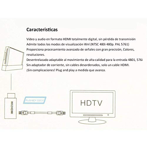 COOLEAD Convertidor Wii a HDMI Adaptador Wii2HDMI Converter Wii to HDMI Conector con Salida de Video Full HD 1080p 720p y Audio de 3.5mm para Wii U Wii smart HDTV Monitor Proyector