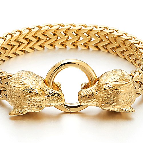 COOLSTEELANDBEYOND Biker Acero Color Oro Brazalete del Lobo Cabeza, Enlace Franco, Cadena Barbada, Pulsera de Hombre, con Cierre Mosquetón