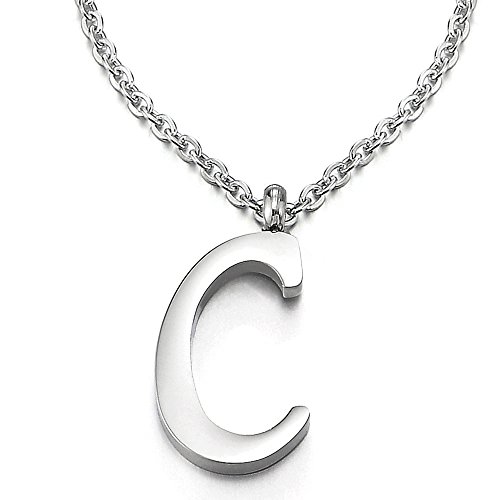 COOLSTEELANDBEYOND Nombre Inicial Letra del Alfabeto C Colgante, Collar de Mujer Hombre, Acero Inoxidable,50cm Cadena Cuerda