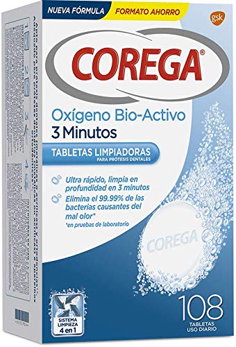 Corega Oxígeno Bio-Activo 3 Minutos Tabletas Limpiadoras para Prótesis Dentales, Férula Dental y Ortodoncia - 108 tabletas