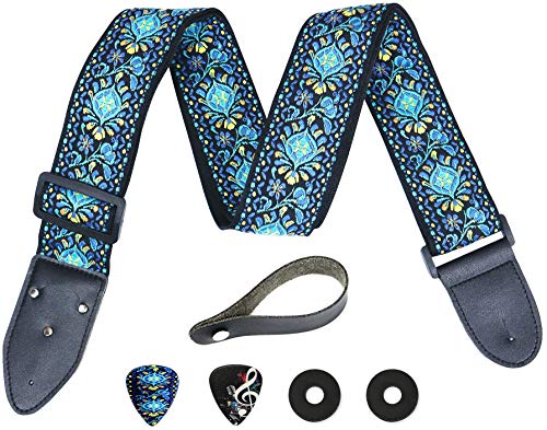 Correa de guitarra de estilo folk – Pack de colgador de guitarra de tejido jacquard con 2 cierres para correas y 2 púas – Correa para bajo, guitarra eléctrica y acústica con bolsillo para púas