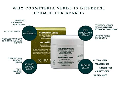 Crema Facial “primeras Arrugas” 24 H Cosmeteria Verde - Crema 24 horas, estudiada para actuar sobre las pieles aún jovenes, pero delicadas y sensibles.