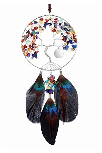 CrystalTears - Adorno para colgar en forma de árbol de la vida con 3 plumas y piedras de tambor