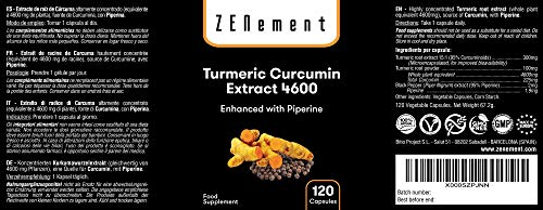 Cúrcuma 4600mg Extracto Certificado, 120 cápsulas, con Pimienta Negra. Potente antioxidante, para la salud de las articulaciones. Máxima concentración. 100% Natural