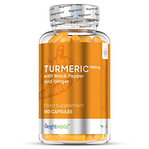 Cúrcuma con Jengibre y Pimienta Negra de 1500 mg - Potente Antiinflamatorio y Antioxidante, Mejora Circulación, Sistema Inmunológico y Articulaciones, Con Curcumina y Bioperine, 180 Cápsulas