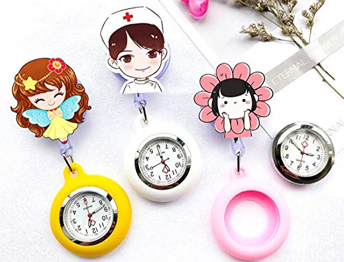 Cxypeng Relojes Bolsillo Médico Enfermera,Dibujos Animados Silicona telescópica Enfermera Colgando Reloj Doctor Cofre Mesa Estudiante Mesa-Fluorescente Amarillo,Reloj de Enfermera Fob