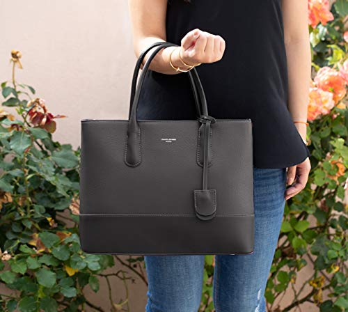 David Jones - Bolso de Mano Grande Mujer - Shopper Tote Bag Señora Trabajo Negocios Cuero Genuino PU - Bolsos Hombro Bandolera Piel Múltiples Bolsillos - Maletín Satchel Oficina Elegante - Gris Oscuro