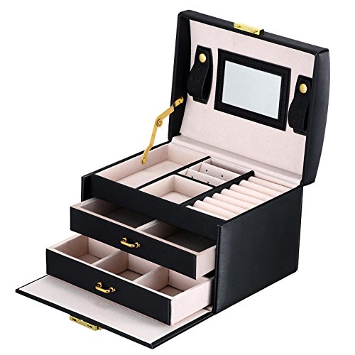 DCCN Jewellery Box Estuche de cosméticos Caja de Almacenamiento de joyería de Cuero de PU de Tres Capas con Espejo y Cerradura, Regalo para niñas o Mujeres(Negro)