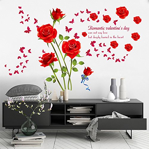 decalmile Vinilos Romántico Roja Rosa Flores Pegatinas Pared Desmontable DIY Decorativos Adhesivos para Sala De Estar Dormitorio