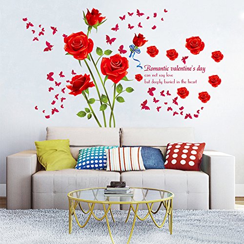 decalmile Vinilos Romántico Roja Rosa Flores Pegatinas Pared Desmontable DIY Decorativos Adhesivos para Sala De Estar Dormitorio