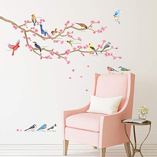 DECOWALL DWL-2009 Aves de jardín y flor de cerezo Vinilo Pegatinas Decorativas Adhesiva Pared Dormitorio Salón Guardería Habitación Infantiles Niños Bebés