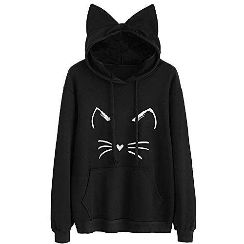 DEELIN OtoñO E Invierno De Las Mujeres Orejas De Gato De Manga Larga Sudadera con Capucha Sudadera con Capucha SuéTer SuéTer Camisa Vino Rojo/Negro (L, Negro)