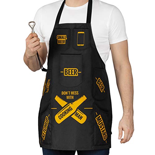 Delantal de cocina con bolsillos para cerveza, ketchup, mostaza, parrilla, barbacoa o cocina, abridor de botellas incluido, divertido regalo para hombres de verdad, impermeable