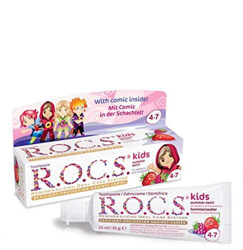 Dentífrico R.O.C.S. Kids Remolino de Verano con sabor a frambuesa y fresa