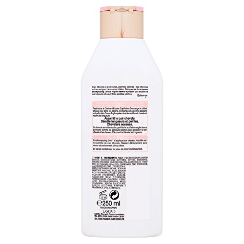 Dessange Champú anticaspa dermocalmante con arcilla rosa para cuero cabelludo dañado o puntas secas, 250 ml, lote de 2