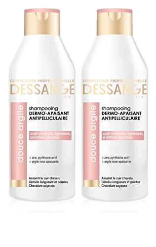 Dessange Champú anticaspa dermocalmante con arcilla rosa para cuero cabelludo dañado o puntas secas, 250 ml, lote de 2