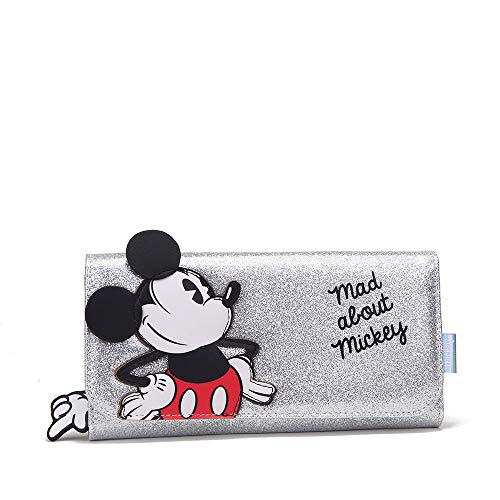 Disney, Mad About Mickey - Cartera con Efecto Purpurina, Color Plateado, Billetera Rígida y Robusta, Compartimentos Múltiples, Sistema de Cierre Práctico, Dim. 18 x 10 x 2.5 cm (Opi Brands 11504) Gris