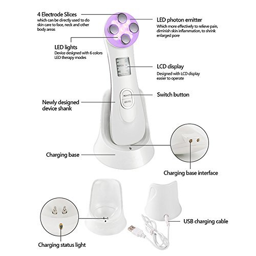 Dispositivo de belleza, masaje y mesoterapia por ultrasonido con 6 modos y luz led, recargable mediante USB, para tratamiento de arrugas, acné y rejuvenecimiento con iones y protones