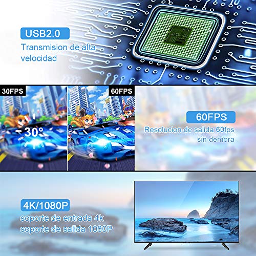 DIWUER Capturadora de Video HDMI, 4K HDMI a USB 2.0 Convertidor Video Audio, HDMI Vídeo Game Capture 1080P 30FPS para Edite Video/Juego/Transmisión/Enseñanza en línea