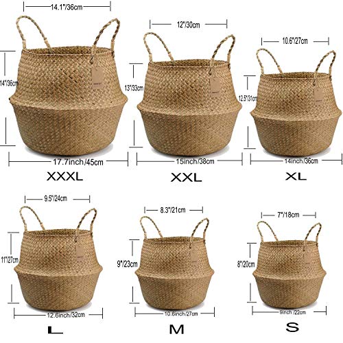 DOKOT Natural Seagrass Mimbre Cesta de Cesteria, Cestos para la Colada con Asa, Cesta Plegable para el Vientre Maceta, Decoracion para el Hogar Almacenar Juguetes, Ropa, Fruta o Plantas 32 x 28 cm