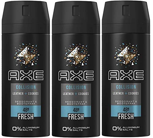 Domestos Axe Desodorante Spray Collision Leather & Cookies sin aluminio 150 ml, 3 Pack (3 x 150 ml)