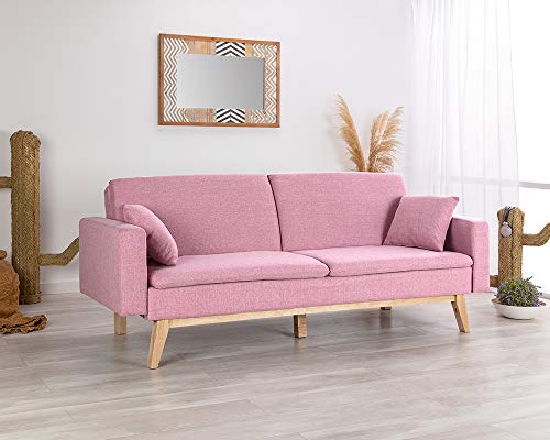 Don Descanso, Sofá Cama 3 plazas Reine, Tapizado en Tela, Color Rosa, Sistema Apertura de Libro o Clic-clac, Medida sofá: 206x74x83 cm, Medida Cama: 206x99x83 cm, Incluye 2 Cojines