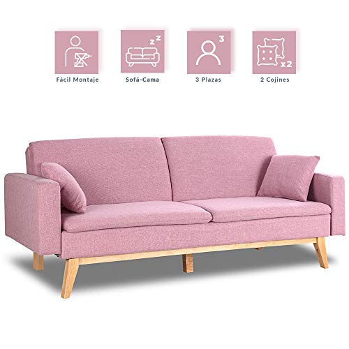 Don Descanso, Sofá Cama 3 plazas Reine, Tapizado en Tela, Color Rosa, Sistema Apertura de Libro o Clic-clac, Medida sofá: 206x74x83 cm, Medida Cama: 206x99x83 cm, Incluye 2 Cojines