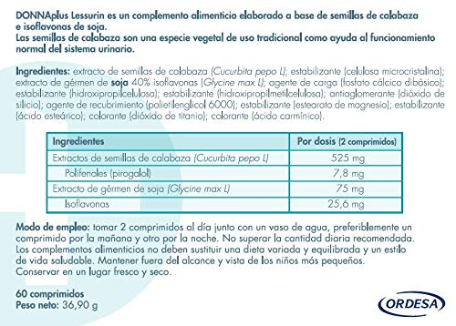 DonnaPlus Lessurin 60 comprimidos, combinación de semillas de calabaza con isoflavonas de soja para ayudar al funcionamiento normal del sistema urinario. 2 comprimidos al día.