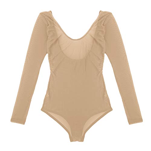 dPois Leotardo Manga Larga de Malla Ver a través para Mujeres Ropa Interior de Danza del Vientre Body Transparente Abierto Bodysuit Corte Alto Elático Belly Dance Body Maillot Ballet Beige One Size