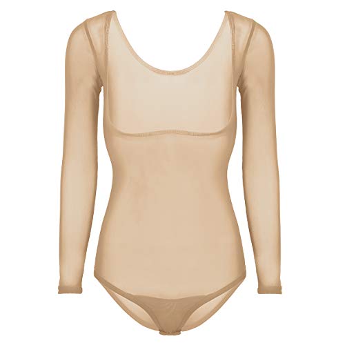 dPois Leotardo Manga Larga de Malla Ver a través para Mujeres Ropa Interior de Danza del Vientre Body Transparente Abierto Bodysuit Corte Alto Elático Belly Dance Body Maillot Ballet Beige One Size