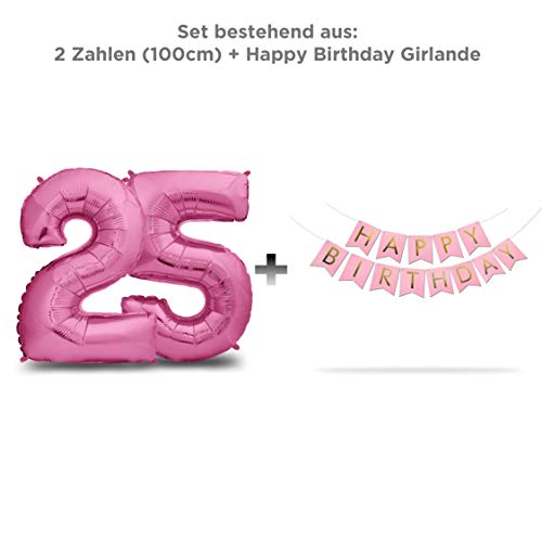 envami Globos de Cumpleãnos 25 Rosas I 101 CM Globo 25 Años + Happy Birthday Guirnalda I Globo Numero 25 I Decoracion 25 Cumpleaños Mujer I Globos Numeros Gigantes para Fiestas I Vuelan con Helio