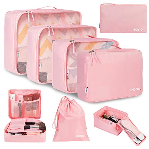 Eono by Amazon - 8 Set Cubos de Embalaje, Organizadores para Maletas, Travel Packing Cubes, Equipaje de Viaje Organizadores, con Bolsa de Zapatos, Bolsa de Cosméticos y Bolsa de Lavandería, Rosado