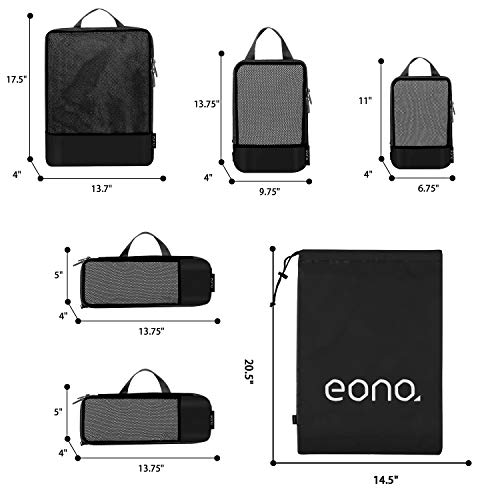 Eono by Amazon - Organizadores de Viaje de compresión expandibles, Impermeable Organizador para Maletas, Organizador de Equipaje, Cubos de Embalaje, Compression Packing Cubes, Negro, 6 Set