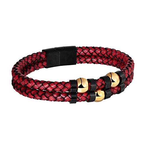 Epinki Acero Inoxidable Pulsera de Hombre Dobles Trenzado Líneas Pulseras Gótico Pulseras Amistad Rojo 22.7CM