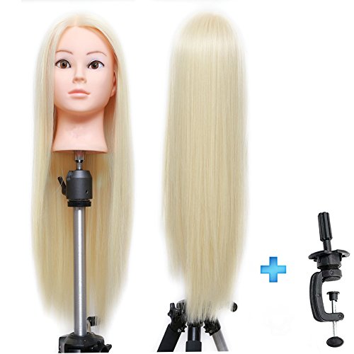 ERSIMAN 27 "Cosmetología de fibra sintética cabello rubio cabeza de maniquí Cabeza de entrenamiento de peluquería maniquí con abrazadera libre