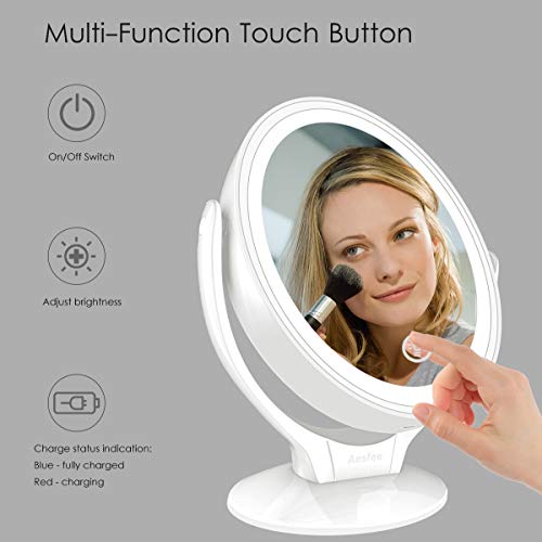 Espejo de Maquillaje de Doble Cara con Luces LED, Espejo Maquillaje de Aumento 1x/7x con Rotación de 360°, Pantalla Táctil Ajustable de Brillo, Recargable, Espejo iluminador Portátil para Viajes