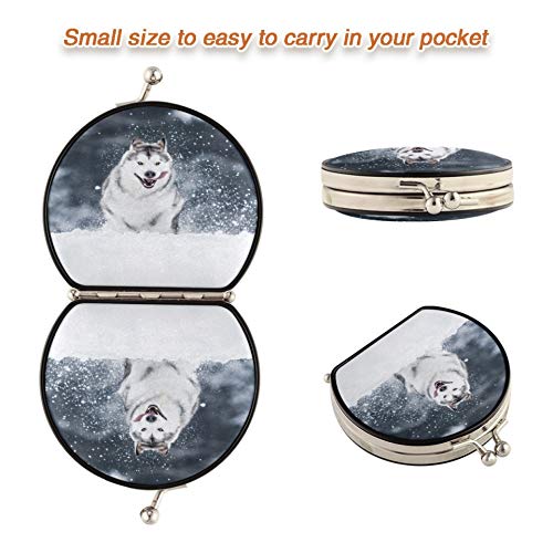 Espejo de maquillaje para mujer Alaskan Malamute para correr en la nieve Espejo de maquillaje elegante de doble cara con 2 x 1 aumento Espejo de monedero portátil plegable para muj