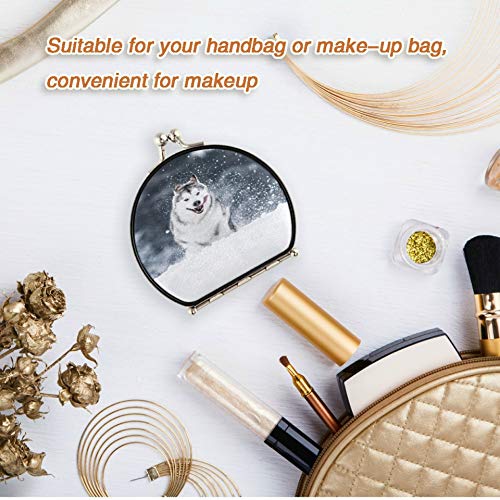 Espejo de maquillaje para mujer Alaskan Malamute para correr en la nieve Espejo de maquillaje elegante de doble cara con 2 x 1 aumento Espejo de monedero portátil plegable para muj