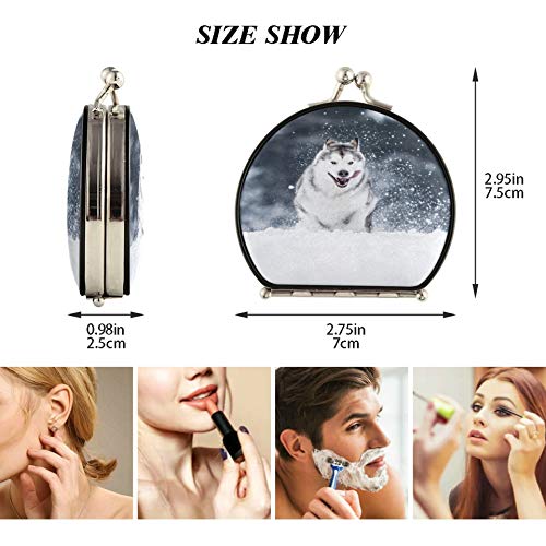 Espejo de maquillaje para mujer Alaskan Malamute para correr en la nieve Espejo de maquillaje elegante de doble cara con 2 x 1 aumento Espejo de monedero portátil plegable para muj