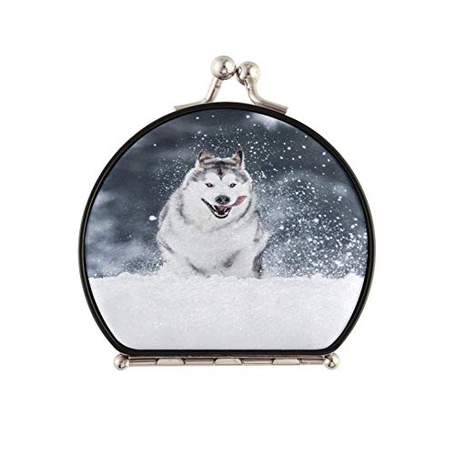 Espejo de maquillaje para mujer Alaskan Malamute para correr en la nieve Espejo de maquillaje elegante de doble cara con 2 x 1 aumento Espejo de monedero portátil plegable para muj