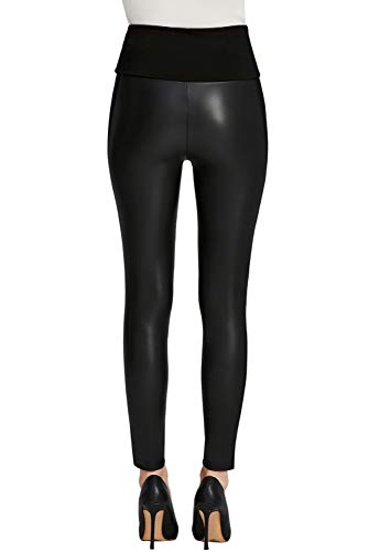 Everbellus Cintura Alta Leggins Cuero para Mujeres Sexy Negro Skinny Pantalon Medio