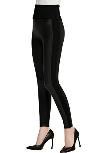 Everbellus Cintura Alta Leggins Cuero para Mujeres Sexy Negro Skinny Pantalon Medio