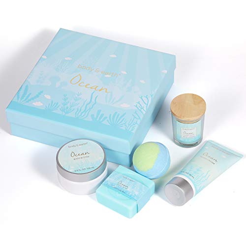 Experiencia de Spa en Una Caja - Set de Baño y Ducha Lujoso de 5 Piezas a Océano, Incluye Vela Perfumada, Manteca Corporal, Crema de Manos, Sales de Baño. Regalo para Spa en el Hogar, Relajación Ideal