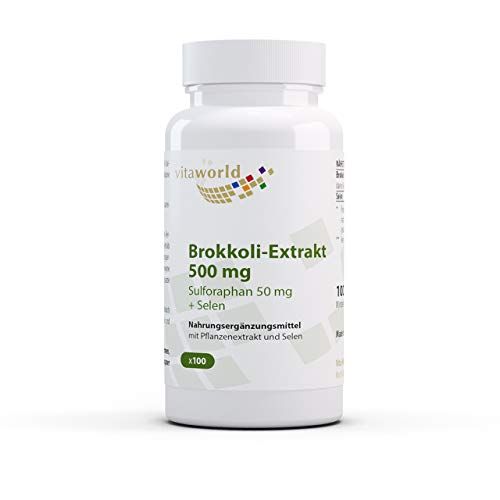 Extracto de brócoli Vita World 500 mg de brócoli germinado 100 cápsulas - dosis alta con 50 mg de sulforafano por cápsula - vegano y sin aditivos - producción farmacéutica alemana