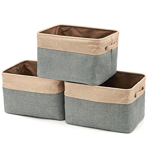 EZOWare 3 Pcs Caja de Almacenaje, Cestas Organizador de Tela Plegable con Manijas para Hogar, Oficina, Estanterías, Armarios, Ropa, Juguetes y mas - 38 x 27 x 24cm -Gris/Beige